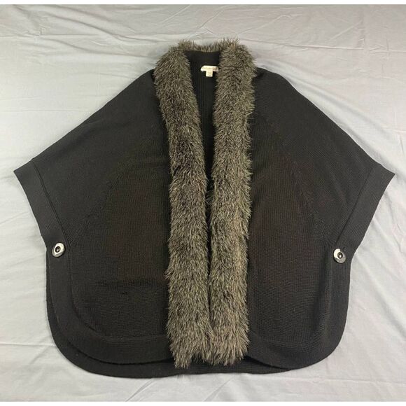 Coldwater Creek Sweaters - Coldwater Creek Acrylic Wool Faux Fur Trim Cape Poncho Sweater Black Size XL/1X